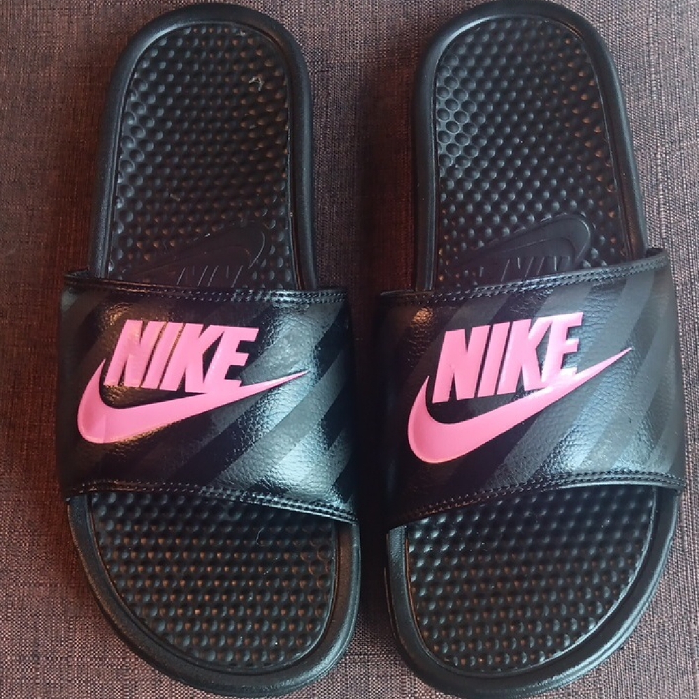 Women's Nike Benassi Black, Striped Slides with Pink Logo (New)